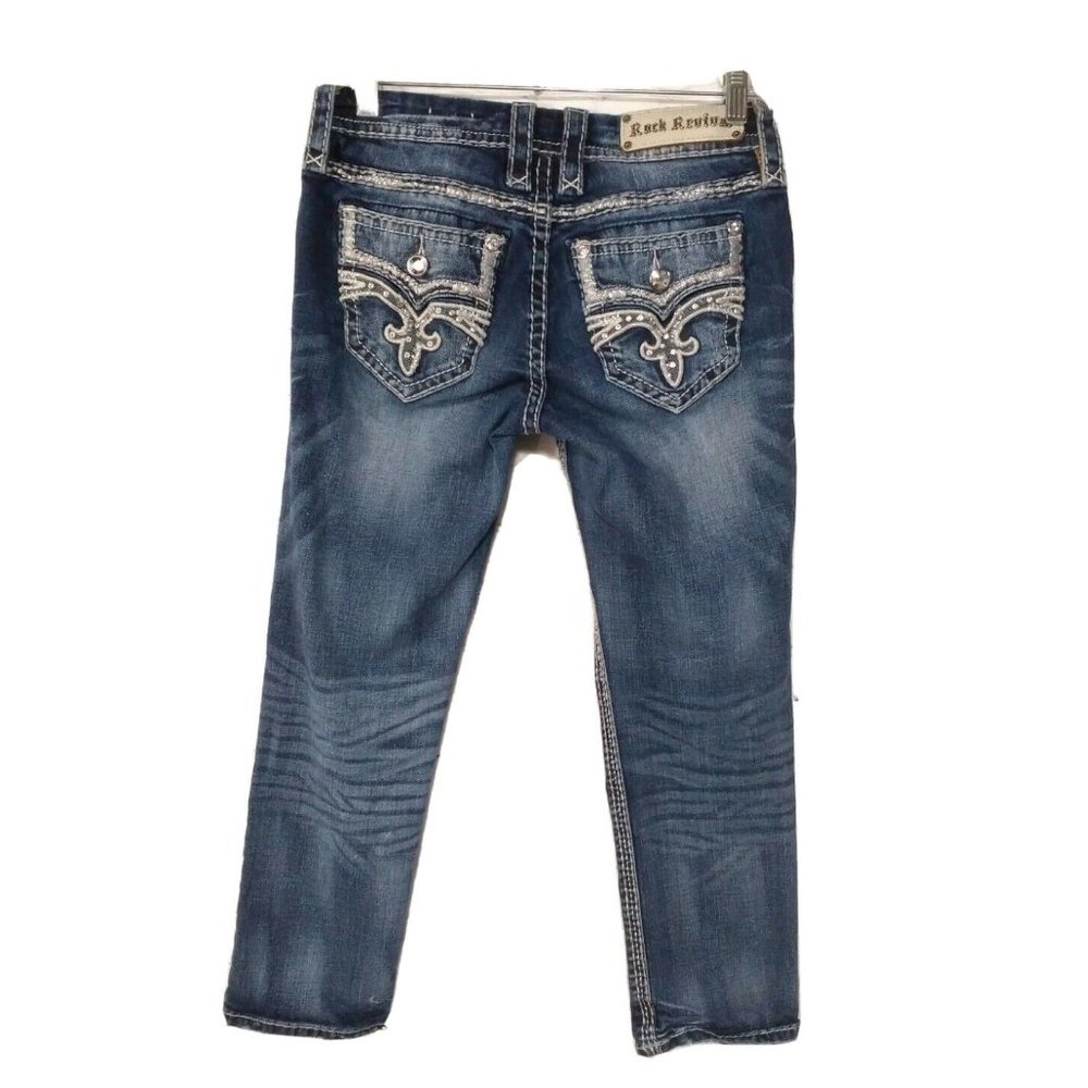 Rock Revival Ruella Easy Capri Jean Womens Size 26 Blue Rhinestone Denim Cropped